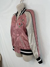 Jolt Womens M Pink Embrdrd Rose Boho Grunge Letterman Style Zip Front Jacket