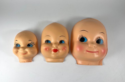 Vintage Menge 3 Handarbeit Puppe Gesichter Zelluloid Kunststoff blaue Augen halbe Köpfe Hongkong