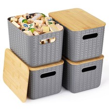 4 Packs Storage Bins with Bamboo Lids - Plastic Storage Containers with Lids ...