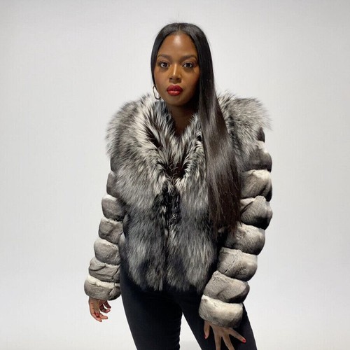 Women Chinchilla Real Rex Rabbit Fur Coats Natural Silver Fox Fur Collar Jackets