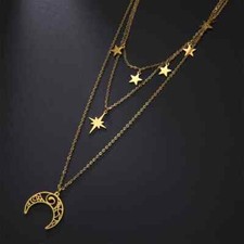 Crescent Moon Star Necklace Stainless Steel Multilayers Chain Birthday Jewelry