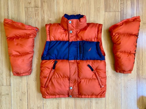 Nautica Puffer Down Jacket Vest Winter Coat Hooded kids size 3 Orange Navy - Picture 5 of 14