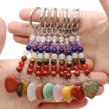 10PCS Mixed Heart Stone Gem 7 Chakela Crystal Keychain Key Ring Natural Healing
