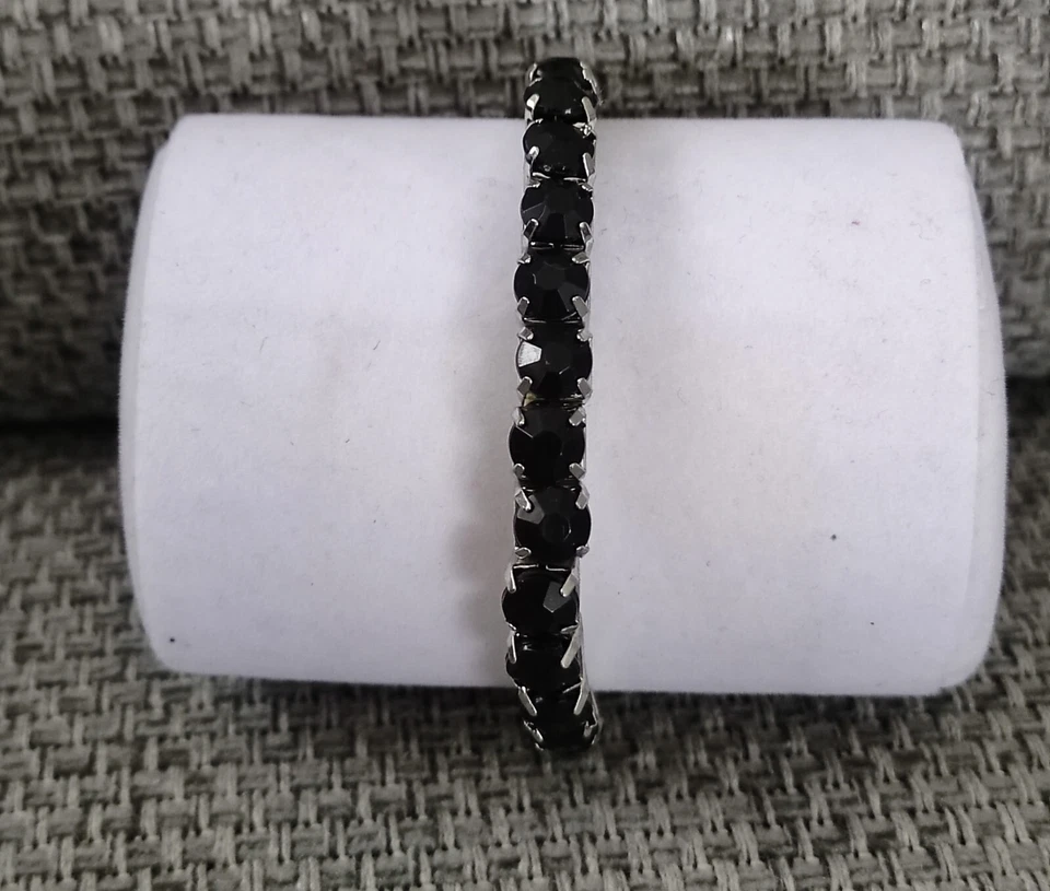 BRACELET ELASTIQUE ARGENTE EN STRASS NOIR - Photo 1/1