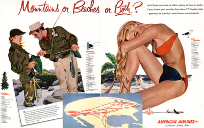 Al Parker American Airlines Mountains Fishing Beach Babe 1952 Magazine Print Ad