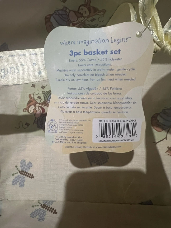 3 cestas de quarto de bebê Disney Winnie The Pooh forradas em tecido ~ P/M/L, novas com etiquetas, vintage - Imagem 3 de 3