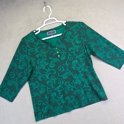 Karen Scott Top Womens Plus Size 1X Green Henley Paisley Knit Emerald Casual