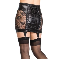 Alacki Lace Hollow PU Leather Skirt High Waist Tight Skirt with Garter Belt