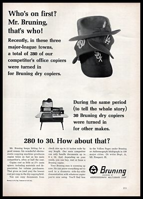 1965 Bruning Electrostatic Copying Machine Baseball Theme Vintage PRINT AD 1960s