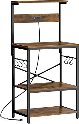 Kitchen Storage Shelf Rack with Power Outlet and 6 S-shaped Hooks - Rustic Brown