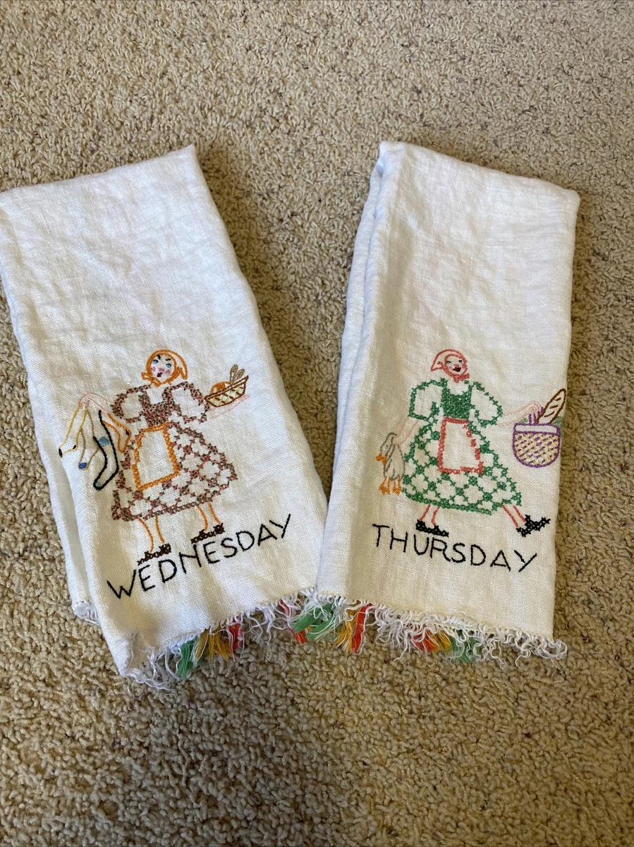 Vintage-Kitchen Embroidered Towels-Days Wednesday And Thursday