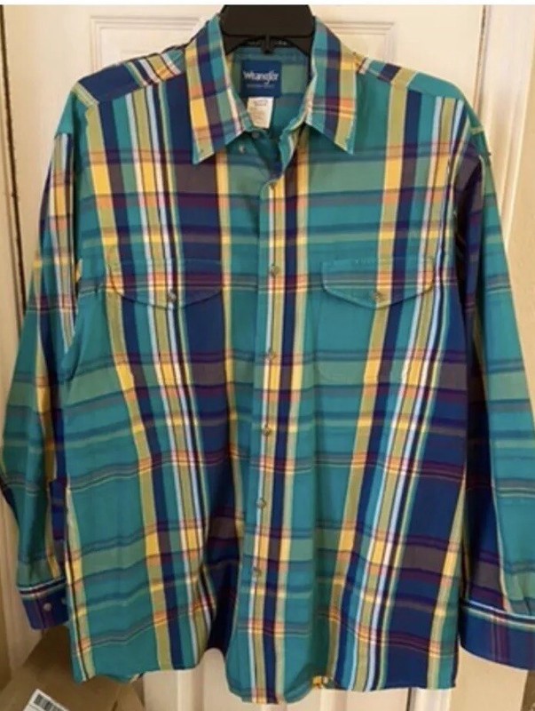Wrangler Western Men's Shirt Blue Green Yellow Plaid Long Sleeve Shirt Size XLT