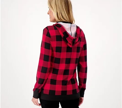 Quacker Factory Soft Knit Buffalo Plaid Rhnstne Pull Hoodie-Charcoal-Med-A522384 - Picture 2 of 3