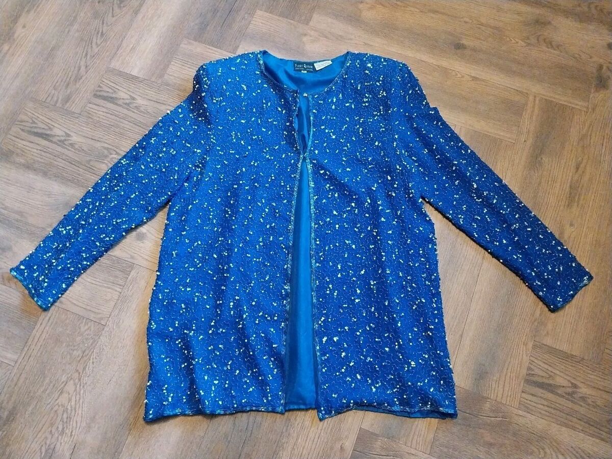 Vintage 80s Silk Sequin Beaded Jacket Size 18 XL Evening Sparkle