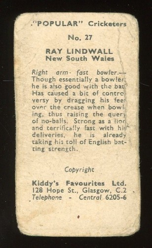 1948 Kiddy's Favourites Popular Cricketers Cricket #27 Ray Lindwall PR *d2 - Picture 2 of 2