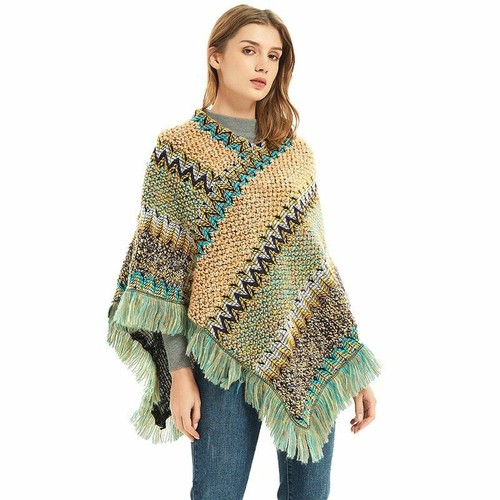 Striped Tassel Winter Ponchos For Women 