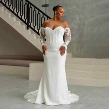 Customized Mermaid Wedding Dresses 3/4 Sleeve Backless Buttons Bridal Gowns New