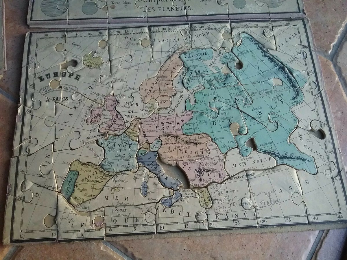 Ancien Puzzle éducatif En Bois Jullien - Atlas Géographique France, Europe, Mappemonde - 19ème
