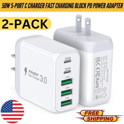 USB C Wall Charger Block 2Pack 50W 5-Port C Charger Fast Charging Block PD Power
