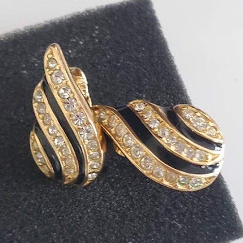 Christian Dior Black Enamel Crystal Gold Diamante Shell Clip On Earrings 80's