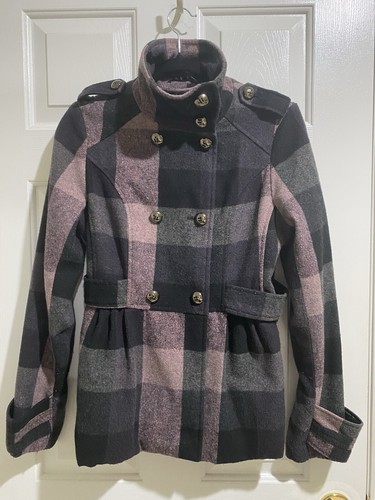 Vintage Juniors Plaid Peacoat Jacket Medium Coat Black Pink Hydraulic - Picture 2 of 7