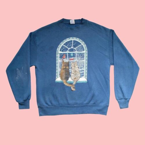 Cats Grandma Cottage Blue Crew Neck Sweatshirt Grunge Vintage Y2K Nerd Size M - Picture 1 of 5