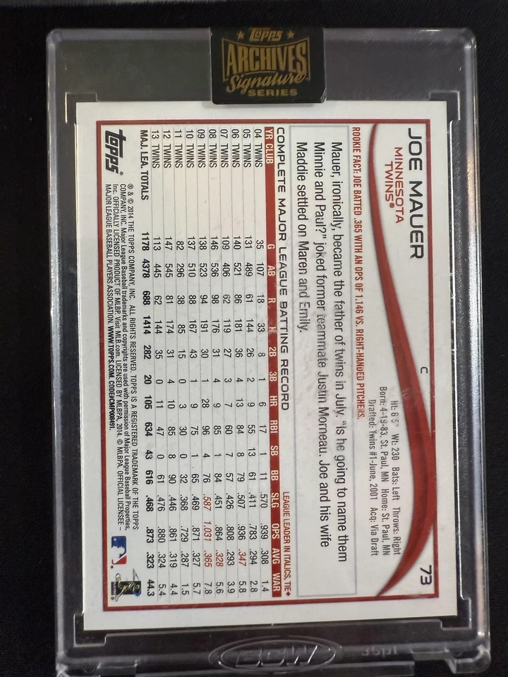 #73 JOE MAUER 2022 ARCHIVOS TOPPS SERIE FIRMA AUTÓGRAFO 1/1 Foto 2 de 2