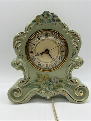 Johnson Hand Decorated Porcelain Ceramic Mantel Shelf Clock Electric Mint Green