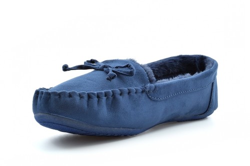 Womens Moccasin Slippers Ladies Slip On Slippers Faux Suede Faux Fur Navy/Blue - Picture 3 of 4