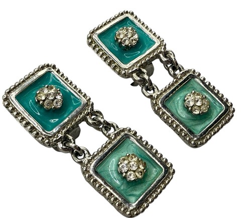 Vintage Enamel Drop Dangle Earrings Clip On Rhinestones Square - Picture 3 of 5