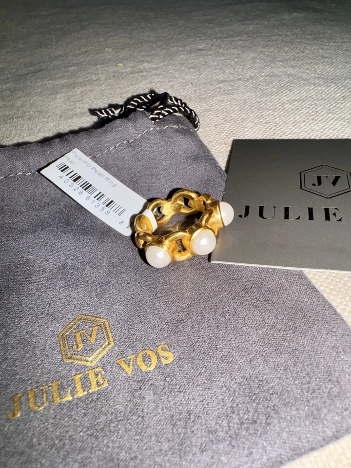 Anillo Julie Vos 3 Tres Perlas Placa Oro 24k Talla 7 Hermoso NUEVO Con Etiqueta NUEVO CON ETIQUETAS NUEVO Foto 2 de 4