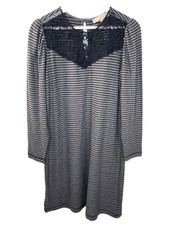 LOFT Womens Dress XS Striped Gray Black Long Sleeve Lace Yoke Mini