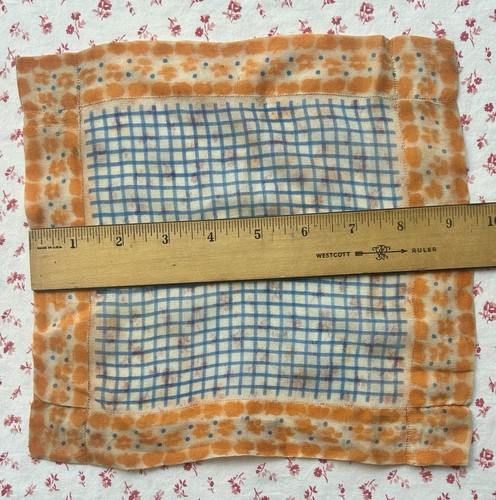 Vintage 1930s Handkerchief Retro Orange Flowers Blue Dots Checked Hankie - Picture 2 of 3