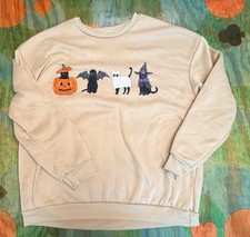 Halloween Cat Pumpkin Witch Ghost Bat Crewneck Sweatshirt Womens Sz Small Beige