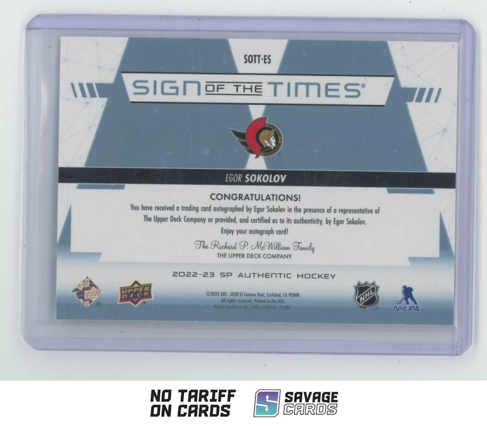 2022-23 SP Authentic Sign of the Times Auto Egor Sokolov . #SOTT-ES Ottawa - Image 2 of 3