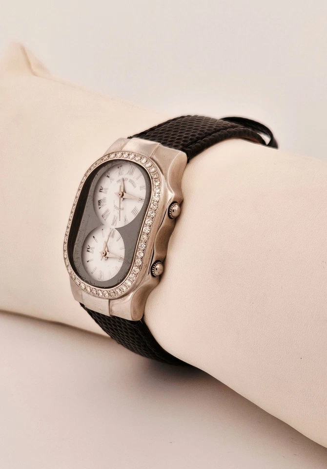 Philip Stein Teslar dual time genuine diamond watch 7.5" deep scratches on Cryst - Image 3 of 4