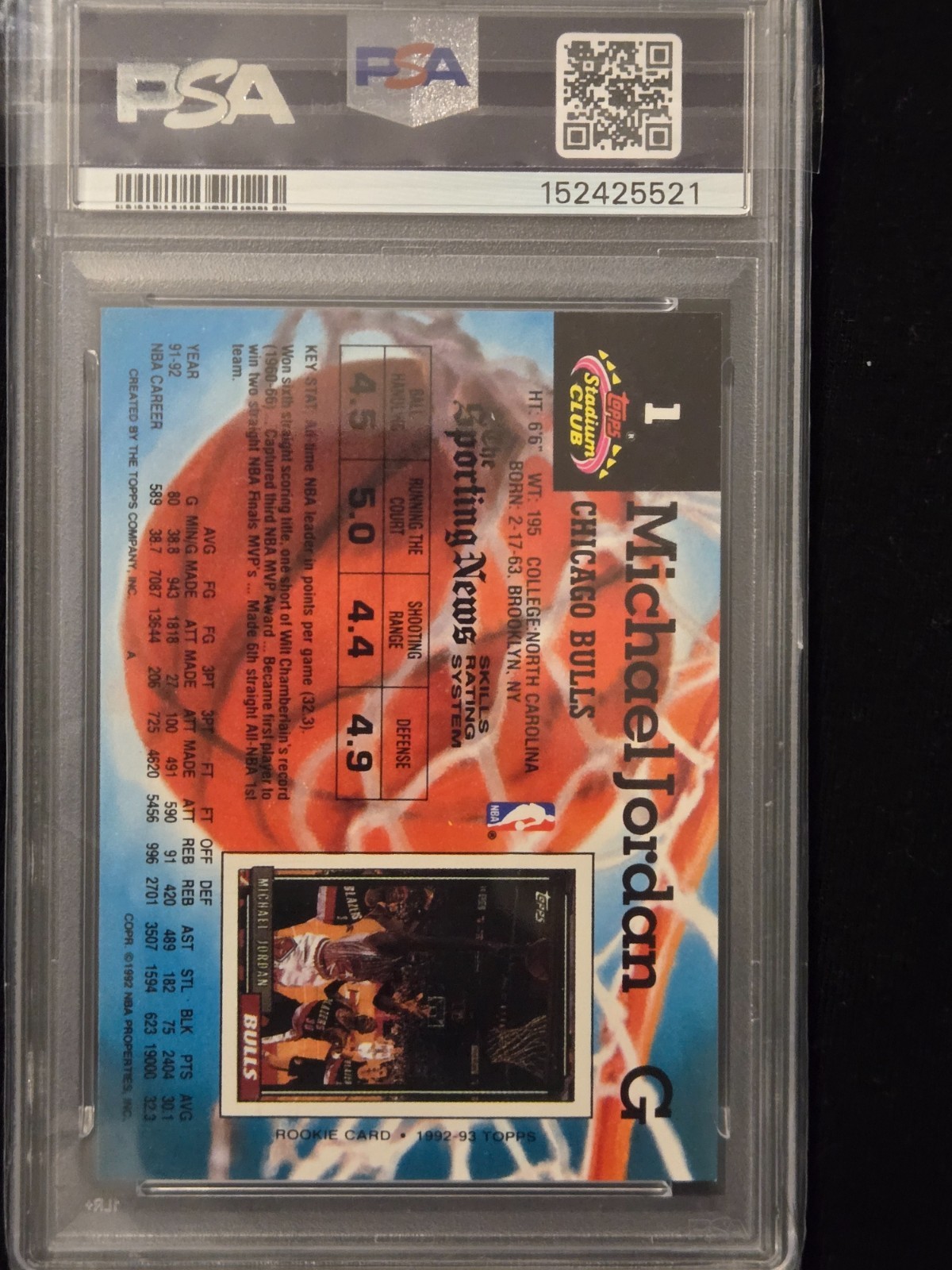 1992 STADIUM CLUB #1 MICHAEL JORDAN GRADED PSA 9 MINT DUNK ON PATRICK EWING view 4