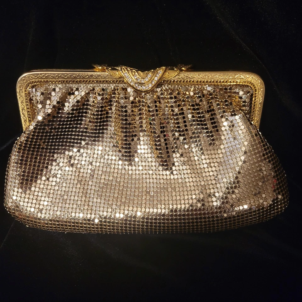 Vtg Elka Clutch Purse Gold Tone Mesh Crystals W/Org bg Of 2 Replacement Crystals - Image 3 of 4