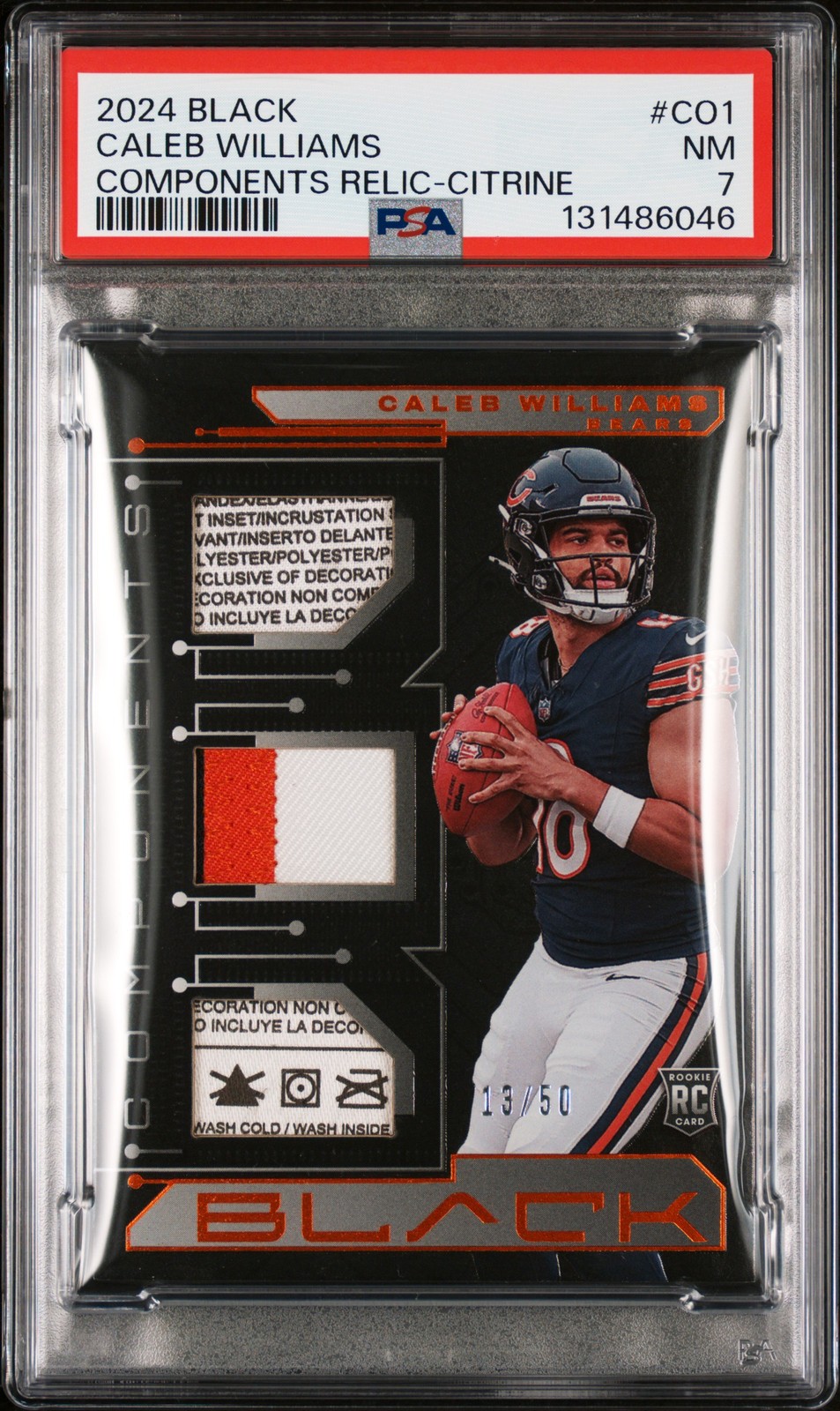 Caleb Williams Panini Black Components Relics #CO1 Citrine