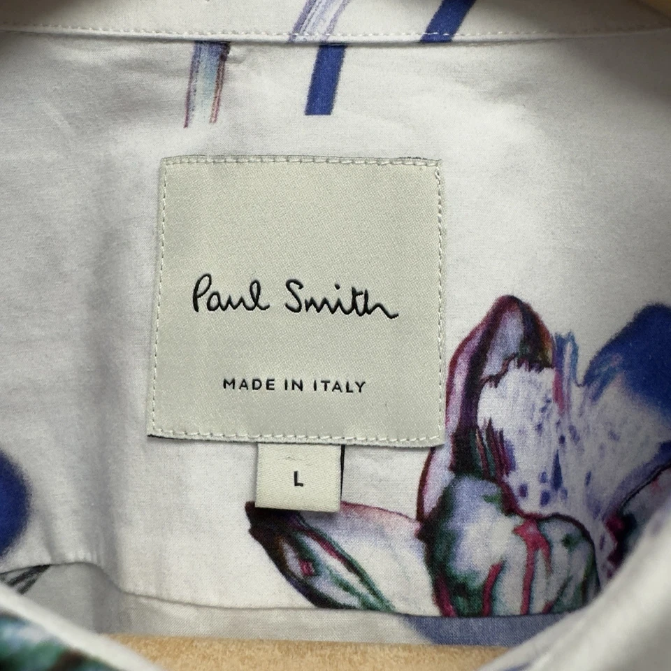 Camisa Paul Smith masculina tamanho grande branca multicolorida floral botão frontal L/S Itália - Imagem 3 de 4