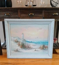 Vintage Framed J Thompson Oil Painting Lighthouse Seascape (One Of A Kind) 25X29