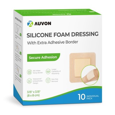 AUVON Silicone Foam Dressing with Large Adhesive 3x3 Inch (10 Pcs), White