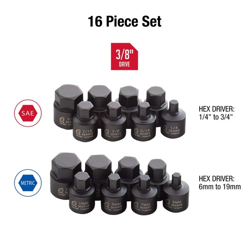 Sunex 3646, 3/8 Inch Drive Low Profile Impact Hex Driver Set, 16-Piece, SAE/M... - Picture 2 of 5