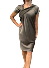 MAX MARA STUDIO ITALY CHARCOAL GRAY SATIN DRESS CAP SLEEVE DRAPED SHIFT  4