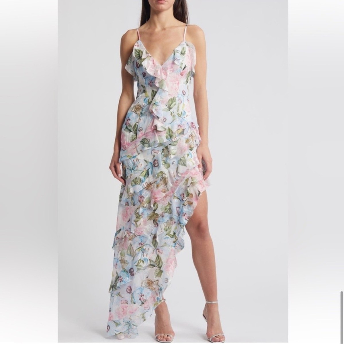 elliatt wilhelmina pink floral romance ruffle chiffon deep v maxi dress XXL  Plus | eBay