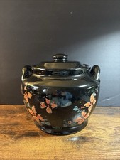 Cookie Jar American Pottery Black HAND PAINTED Floral Made in USA 6 1/2”H