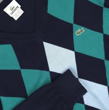 Lacoste Sweater Mens XL Blue Argyle V Neck Cotton Knit Pullover Preppy Ivy