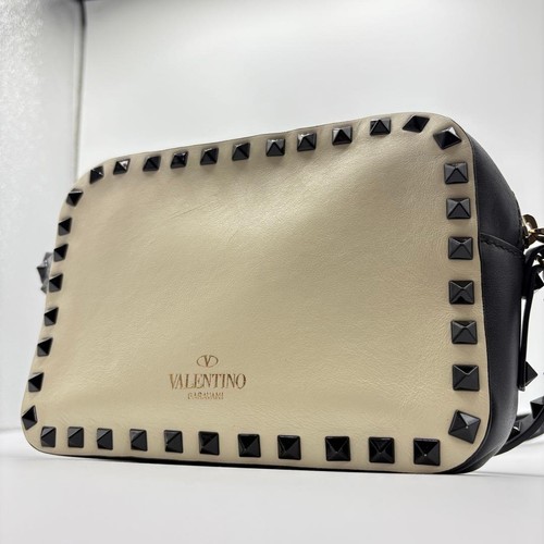 VALENTINO GARAVANI Rockstud Crossbody Shoulder Bag Leather Off White Black Used