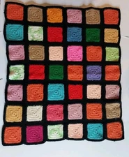 Vintage Afghan Throw Multi-colored Black Granny Square Lap Blanket 36x31"