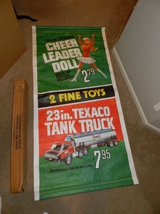 VINTAGE TEXACO ADVERTISING BANNER- TEXACO TANK TRUCK & CHEER LEADER DOLL-44X87IN